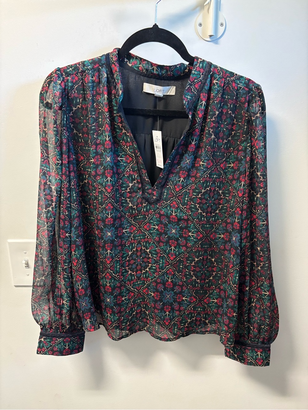 LOFT Black Sheer Floral-Print V-Neck Blouse